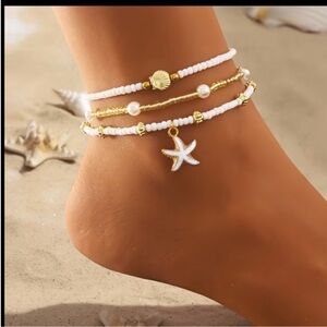 3 piece Beaded Seashell & Starfish Ankle Bracelet